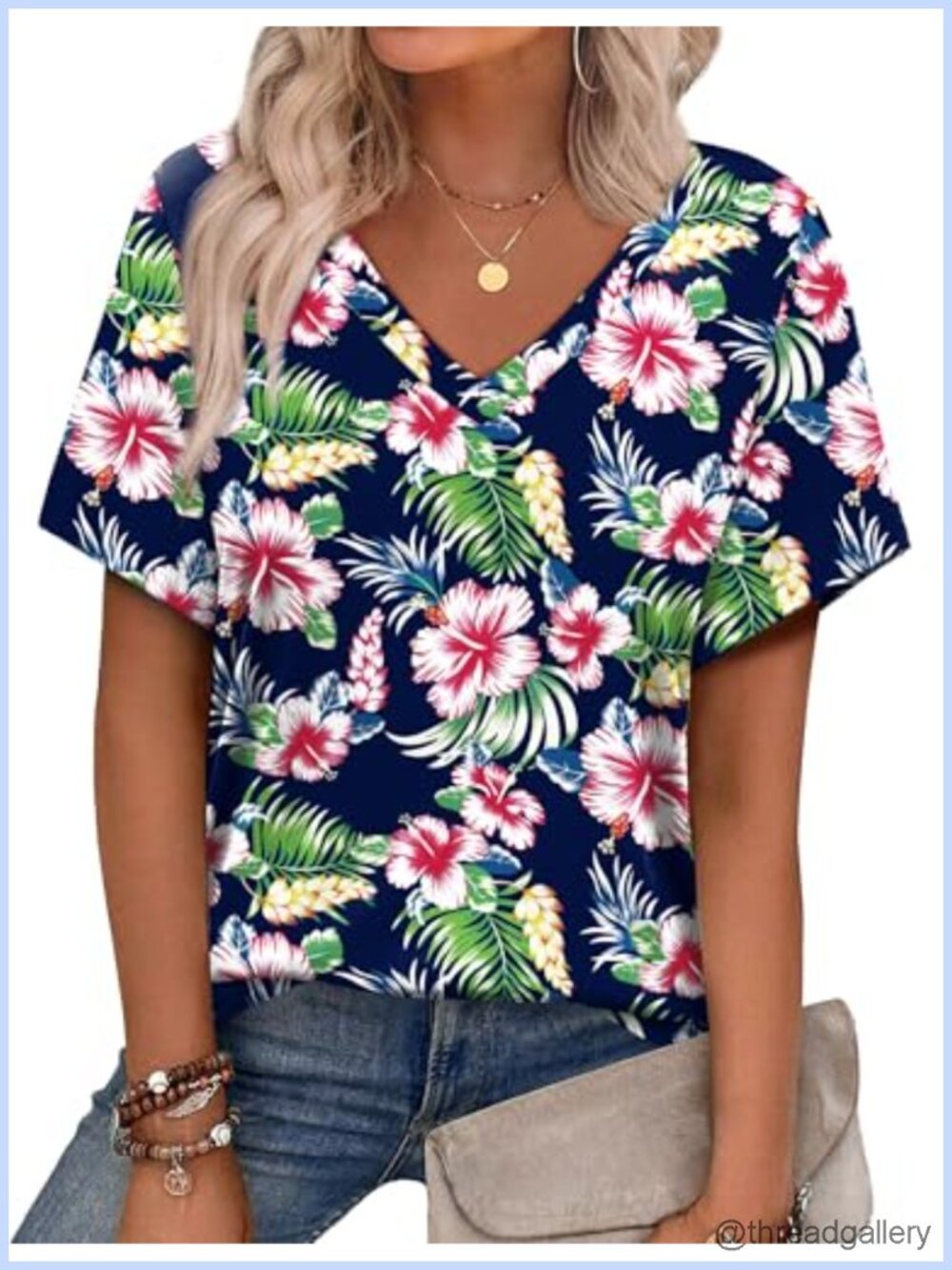 Womens V Neck Short Sleeve Tunic Top Floral Print Casual Dressy